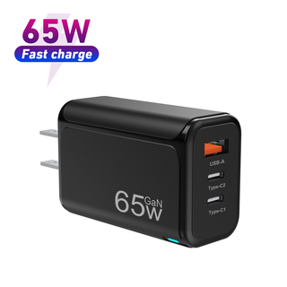 Chargeur mural GaN USB-C 1A1C/1A2C 65 W avec alimentation PD pour ordinateurs portables, tablettes et téléphones