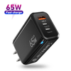 Chargeur mural GaN USB-C 1A1C/1A2C 65 W avec alimentation PD pour ordinateurs portables, tablettes et téléphones